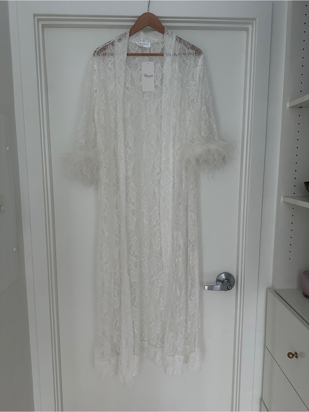 Lace Feather Trim Long Robe - White - Picture 6 of 8